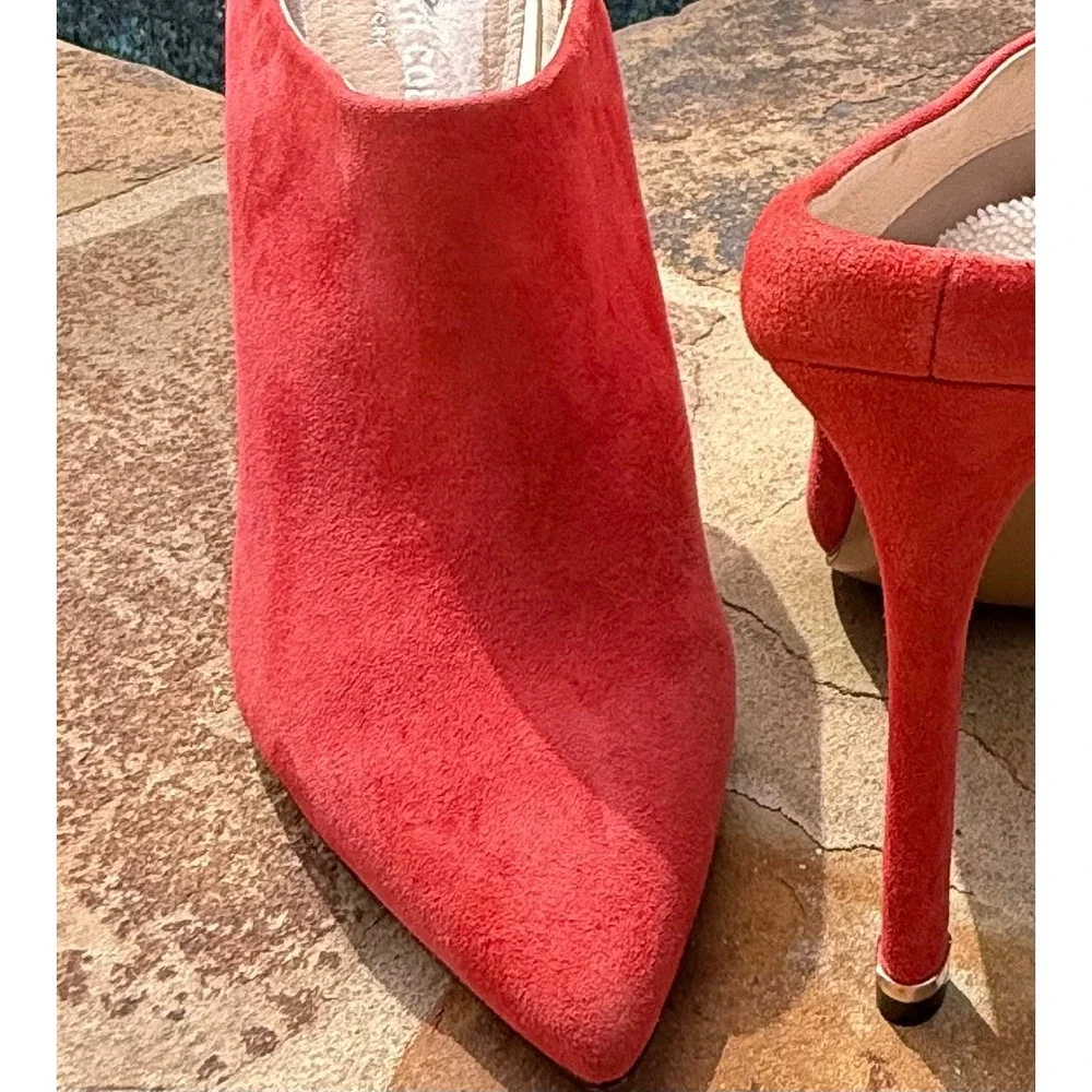 Kenneth Cole Riley Suede Mule Pumps Coral Red Pointed Toe Heels Women's 7.5M R7